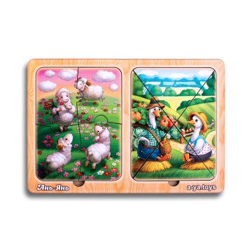 שני פאזלים מסגרת מעץ  “כבשים ואווזים״